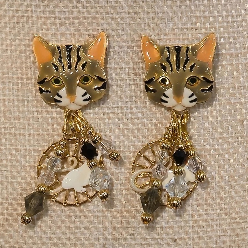 Lunch at the Ritz Cat and Mouse Vintage Swarovski Enamel Earrings, Posts